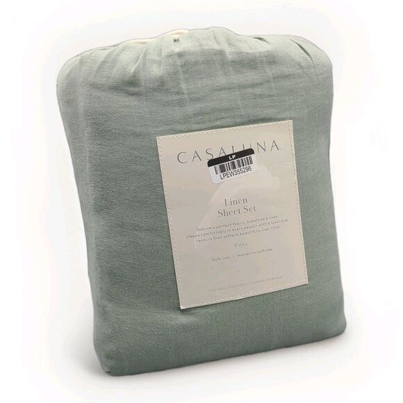 New Casaluna 100% Linen Washed Full Sheet Set Olive green 4pc NEW - Picture 1 of 6